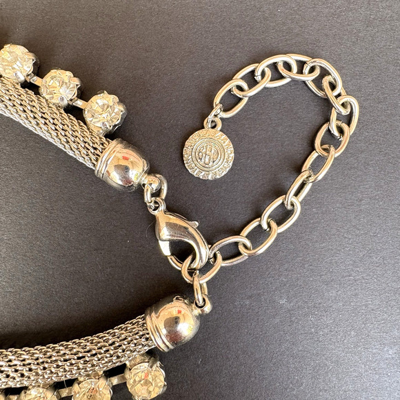 Graziano Silver Tone Mesh w/ Clear Rhinestone & Spikes Necklace Goth Biker Edgy - Picture 11 of 12